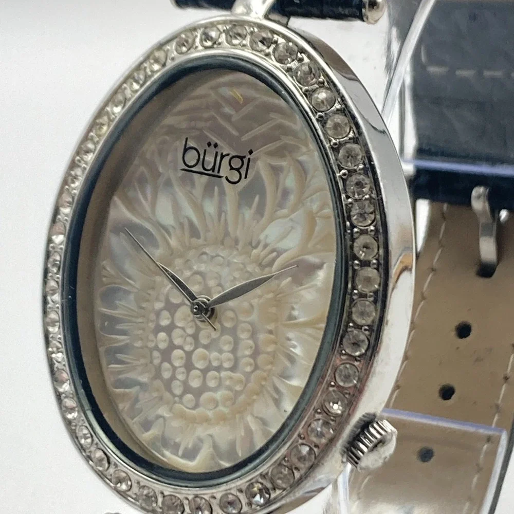 Burgi Women's Watch Silver Tone Crystals Floral Dial 33mm Oval New Battery 8.75